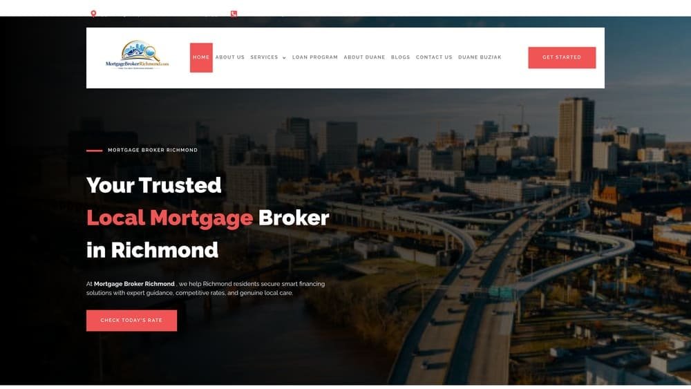 Screenshot of MortgageBrokerRichmond.com — Duane Buziak Mortgage Maestro website