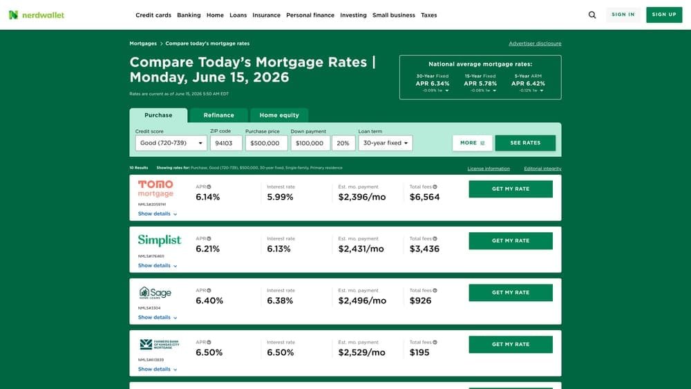 Screenshot of NerdWallet Mortgage Rate Comparison website