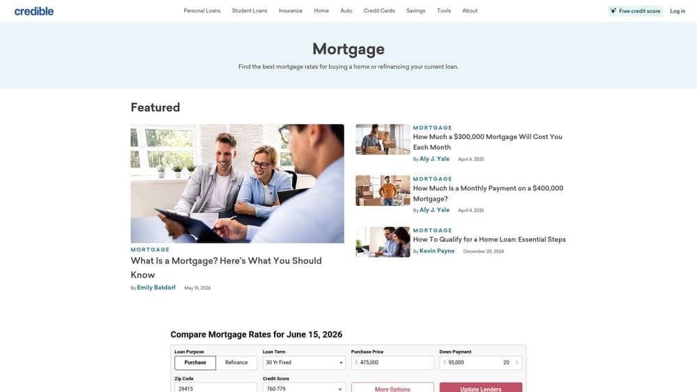 Screenshot of Credible Mortgage Rate Tool website